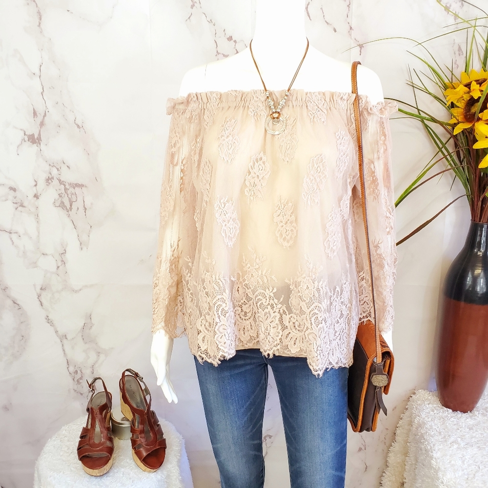 She + Sky lace overlay off shoulder top